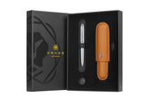 Townsend Lustrous Chrome Ballpoint Pen with Mocha Cigar Style Leather Single Pen Case Gift Set
