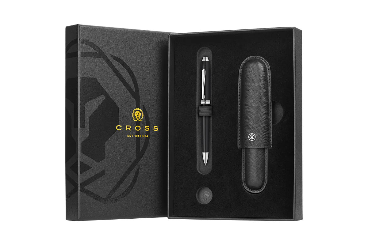 Townsend Black Lacquer Ballpoint Pen with Classic Black Cigar Style Leather Single Pen Case Gift Set