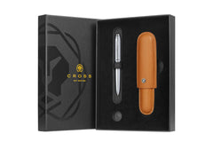 Townsend Lustrous Chrome Ballpoint Pen with Mocha Cigar Style Leather Single Pen Case Gift Set