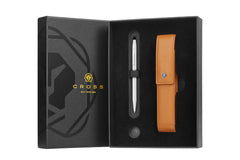 Classic Century Lustrous Chrome Ballpoint Pen with Mocha Magnetic Leather Single Pen Case Gift Set