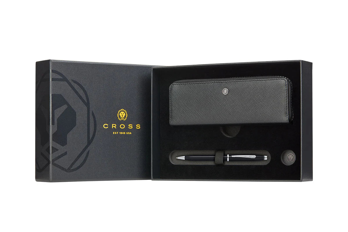 Century II Black Lacquer with Chrome Ballpoint Pen with Classic Black Zippered Leather Double Pen Case Gift Set